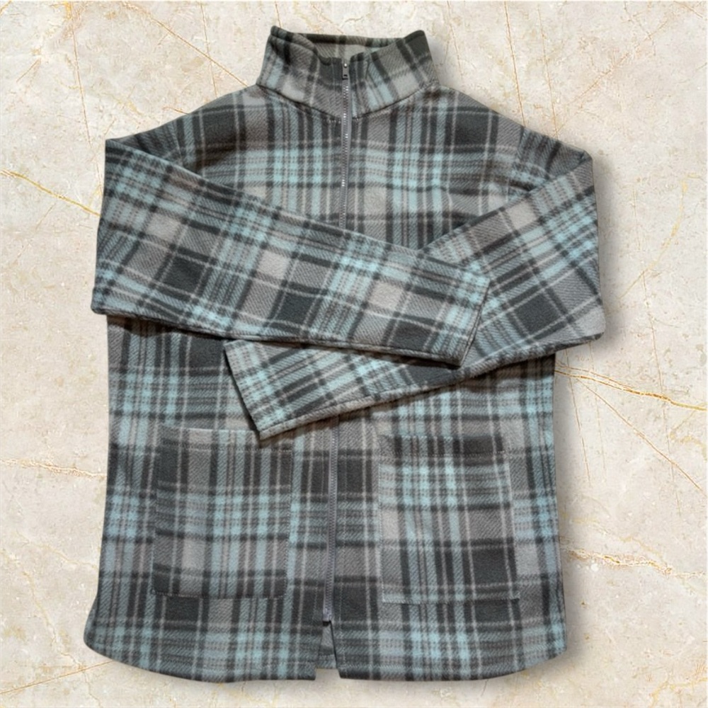 Gray Plaid Women’s Fleece Jacket-funnel neck-size L-handmade-with hood scarf